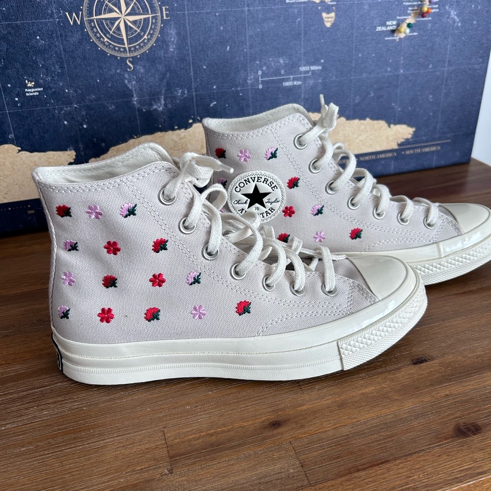 Converse Cream High-Top Sneakers with Floral Embroidery